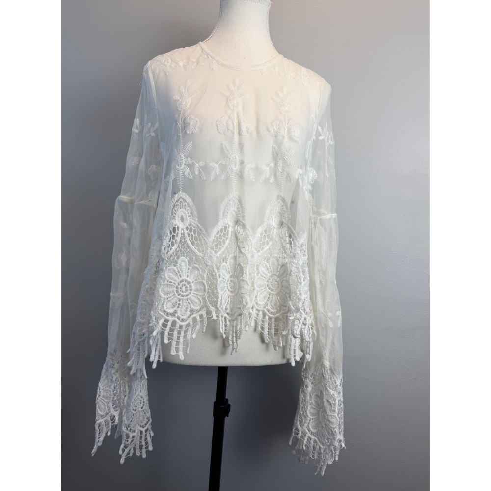 White Sheer Mesh Lace Floral Boho Bell Sleeve Top Blouse Medium Festival